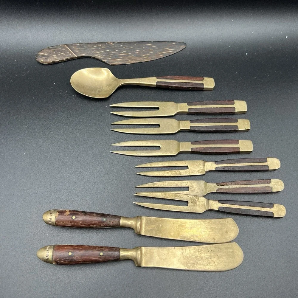 VTG Brass & Wood Demitasse Forks Knives & Spoon -‎ Lot of 10 - Thailand - Unique